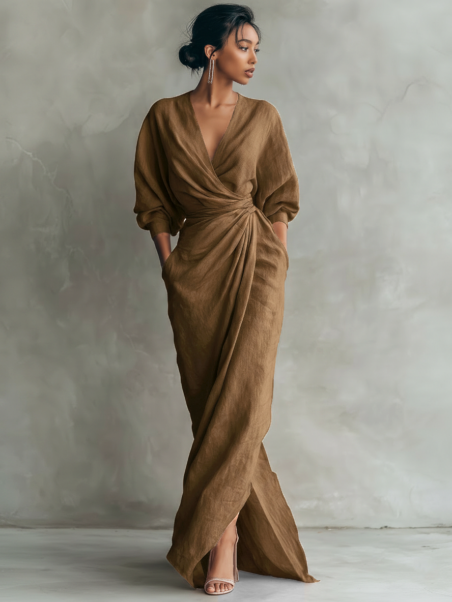 Paula | Pink Linen Maxi Dress V-Neck