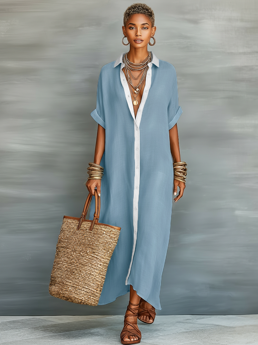 Whitney | Women's Minimalist Linen Blend Short-sleeved Shirt Maxi Dress