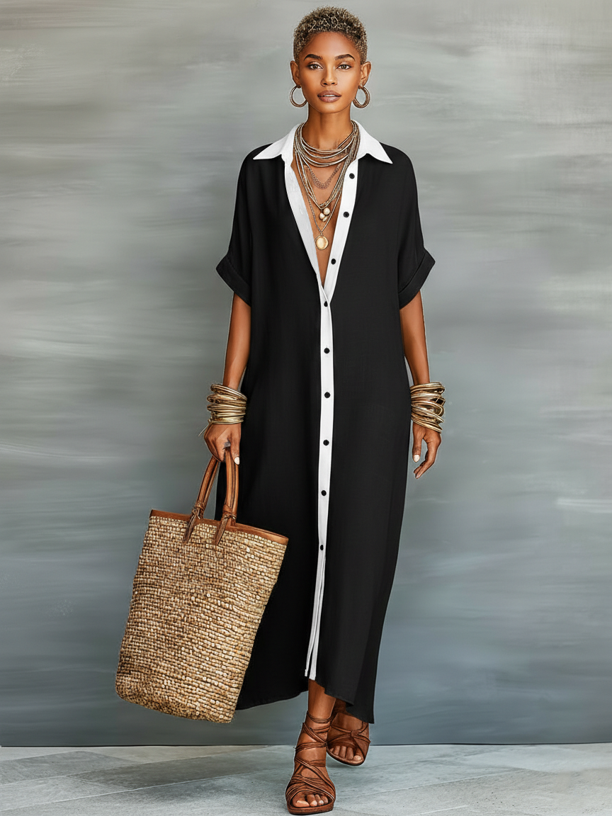Whitney | Women's Minimalist Linen Blend Short-sleeved Shirt Maxi Dress