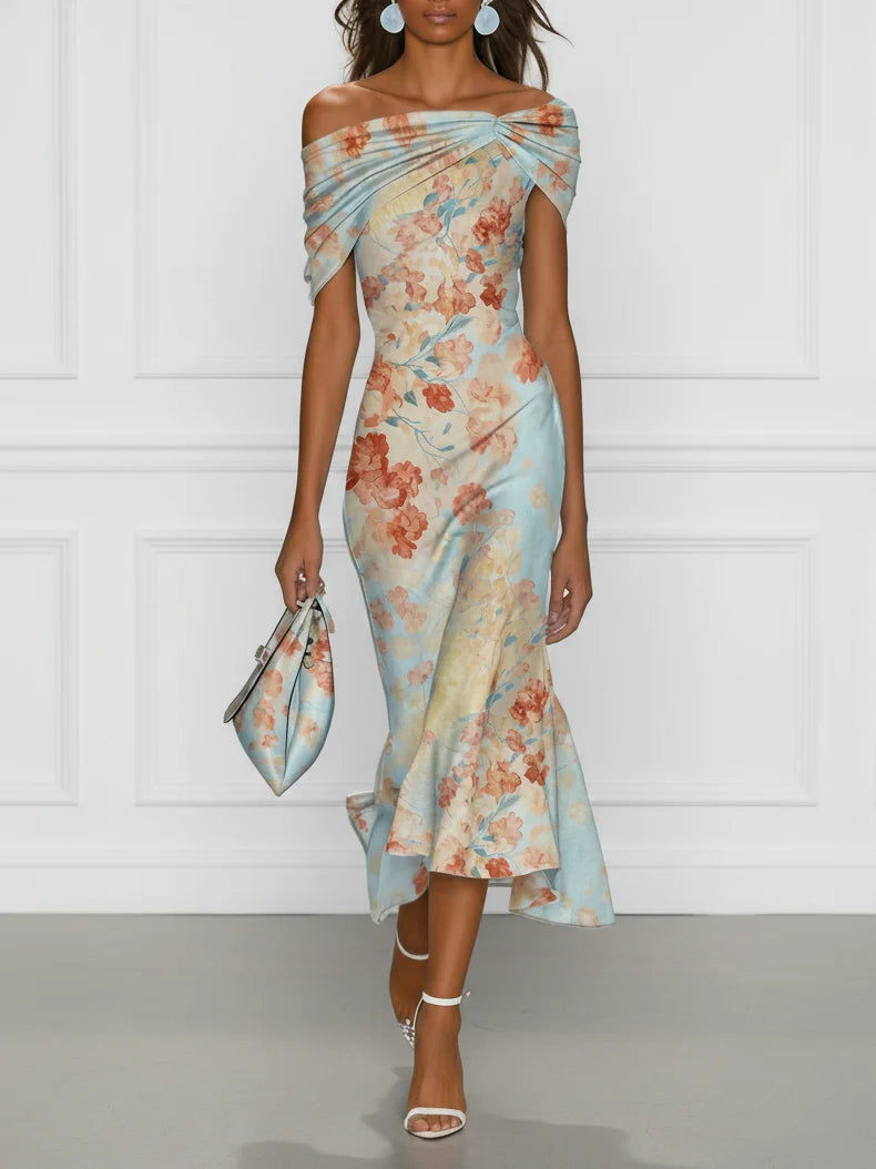 Vittoria | Blue Floral Off-Shoulder Mermaid Midi Dress