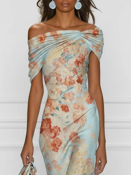 Vittoria | Blue Floral Off-Shoulder Mermaid Midi Dress