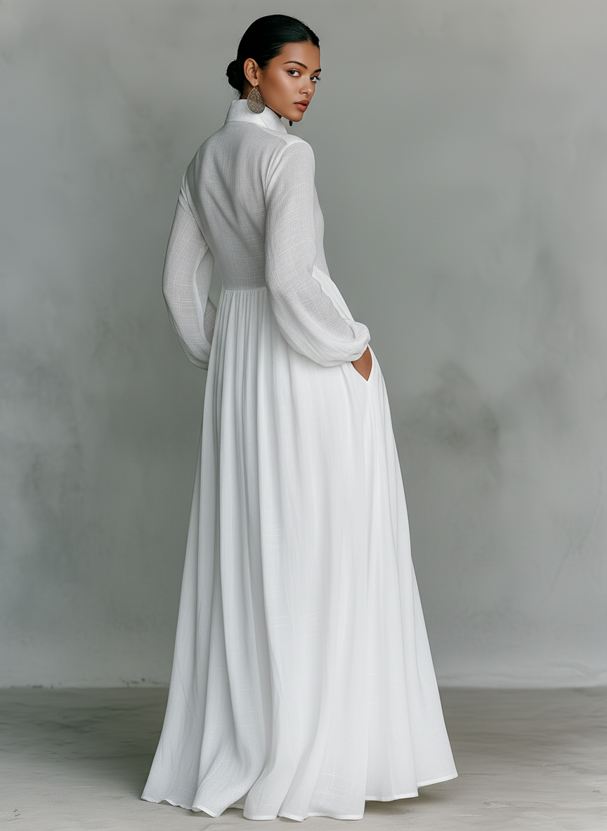 Sienna | Patchwork Linen Maxi Dress Stand Collar