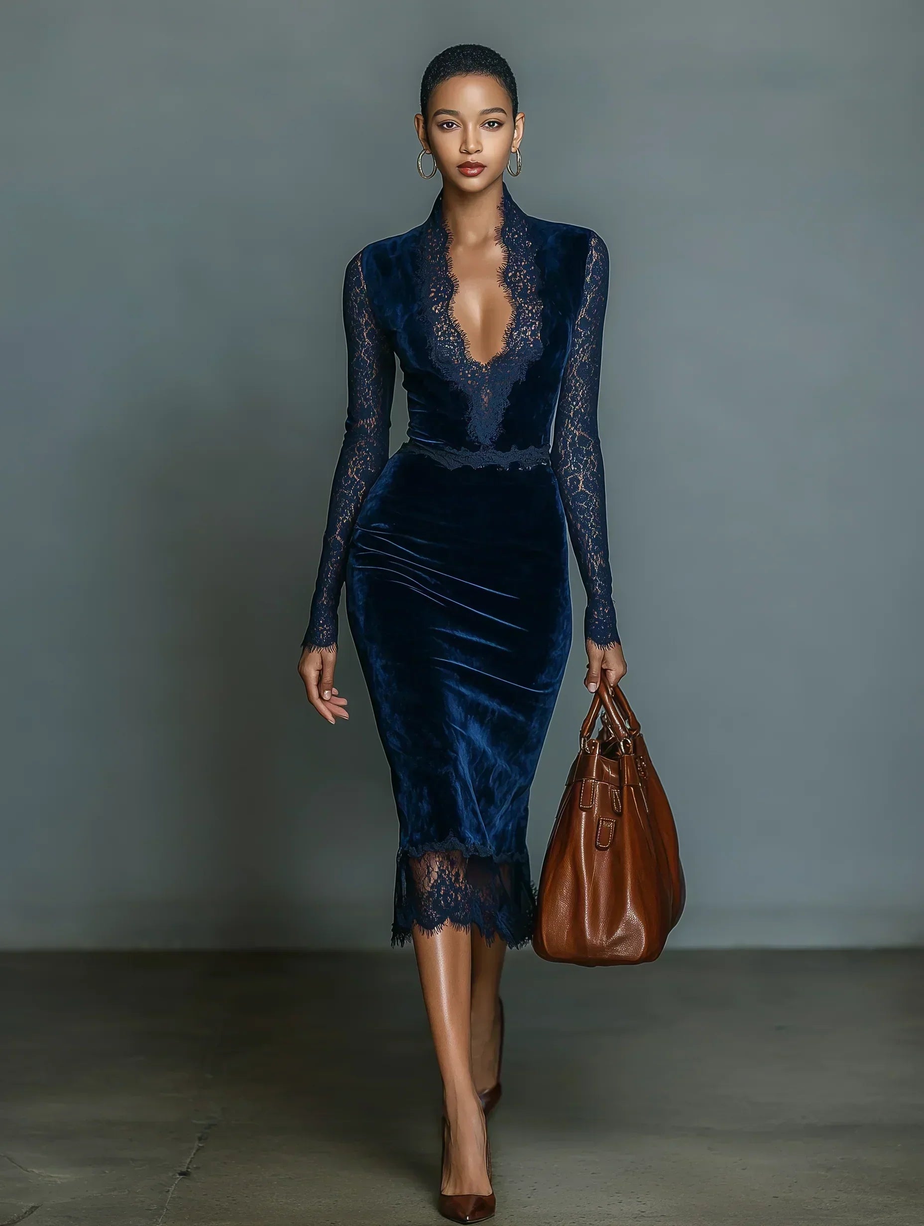 Loisa | Velvet Midi Dress with V-Neck Lace