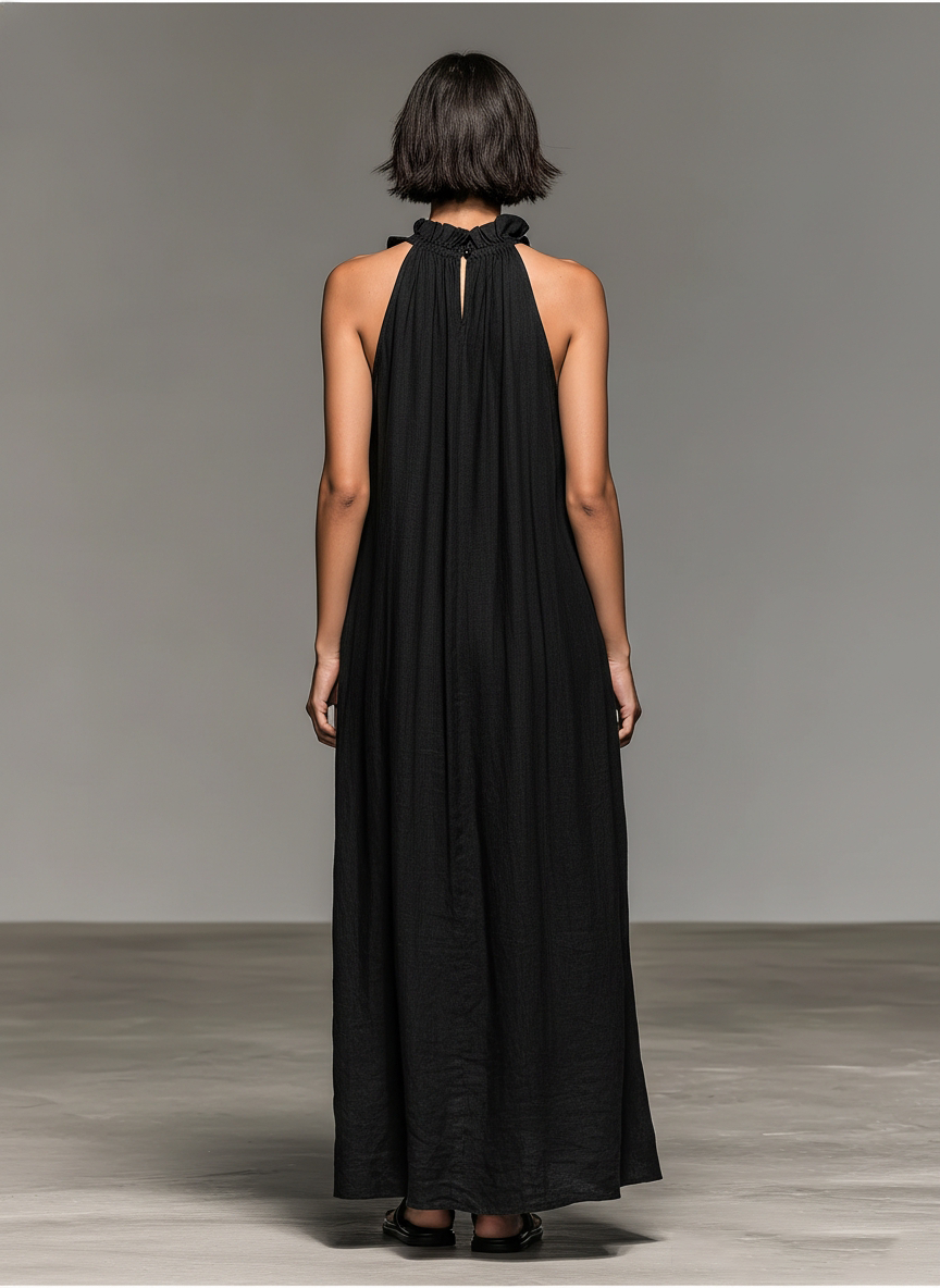 Tamara | Minimalist Linen-blend Sleeveless Maxi Dress With Ruffle Details