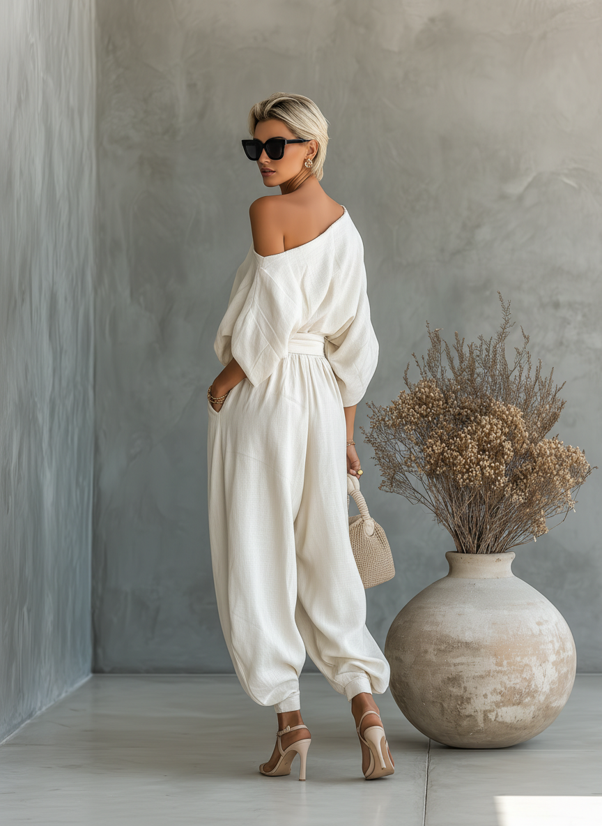 Irah | Linen Set Off-Shoulder Pants