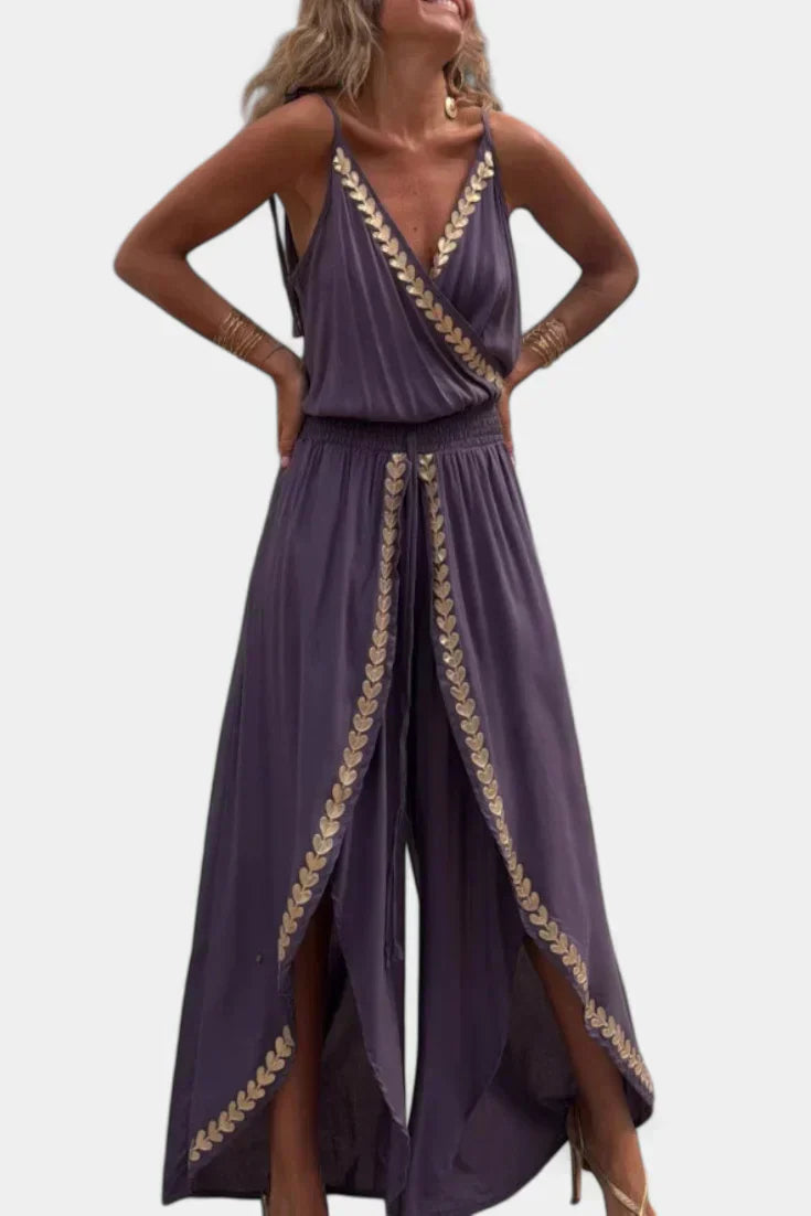 Dona | Unique Jumpsuit with Golden Details and Open Leg
