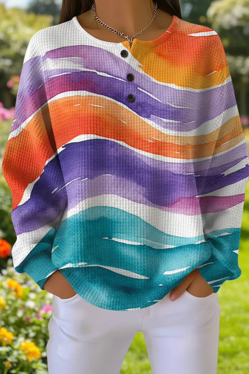 Women's Gradient Pattern Art Print Casual Waffle Sweatshirt