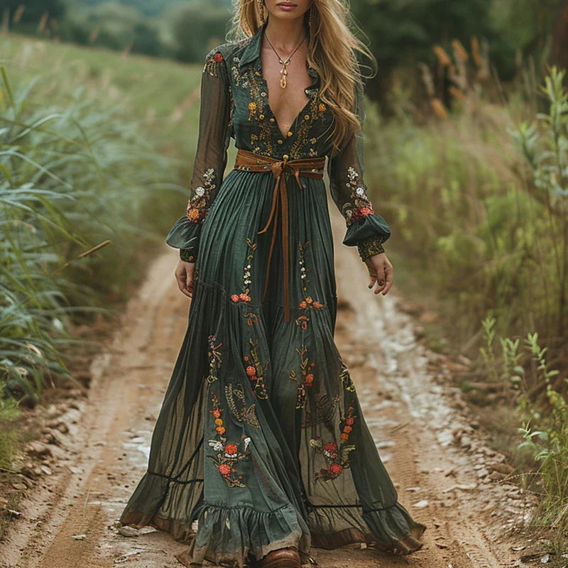 Hyacinth | Women's Bohemian Dress Embroidered V Neck Maxi