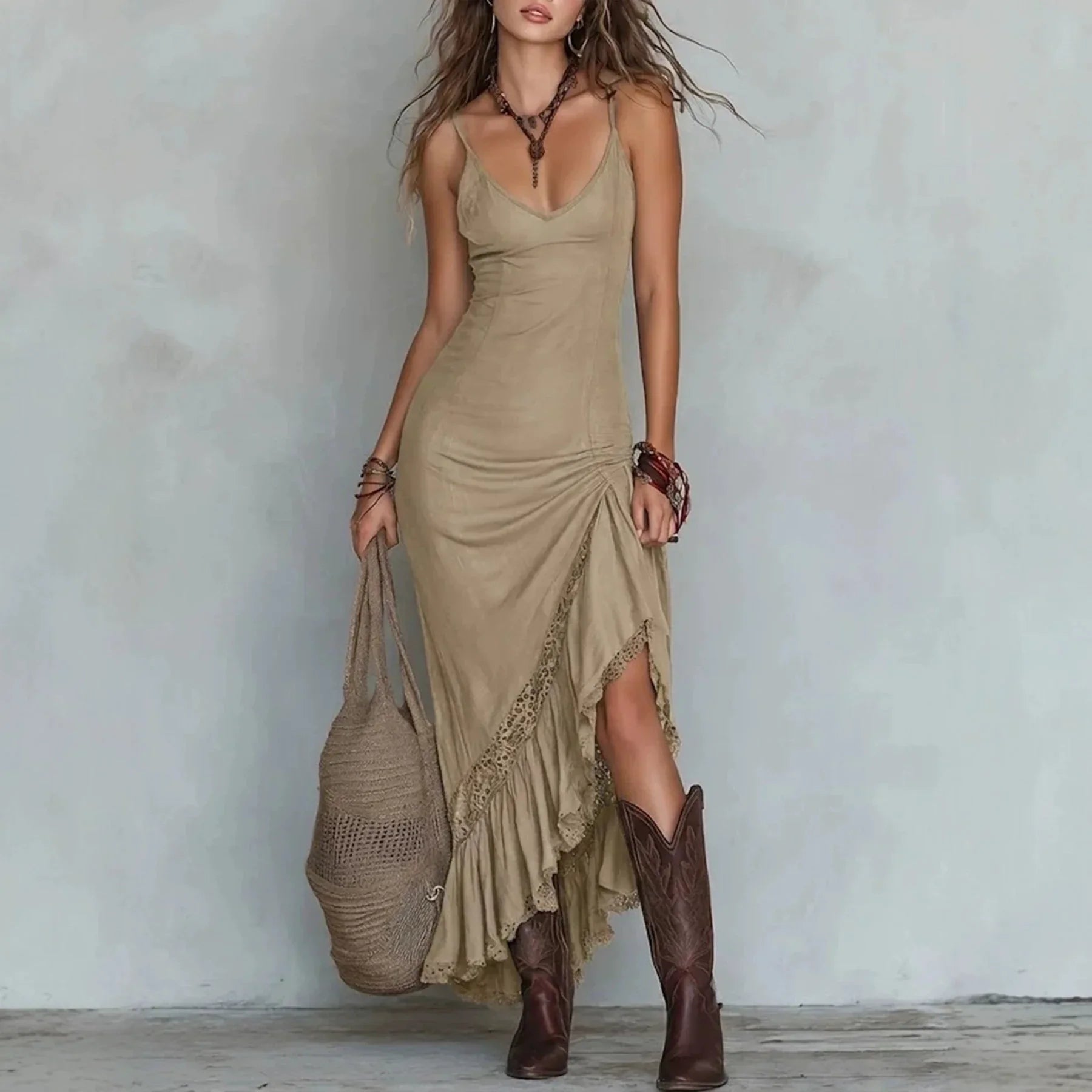 Cindy | Women's Lace Splicing Spaghetti Strap Irregular Ruffle Maxi Dress