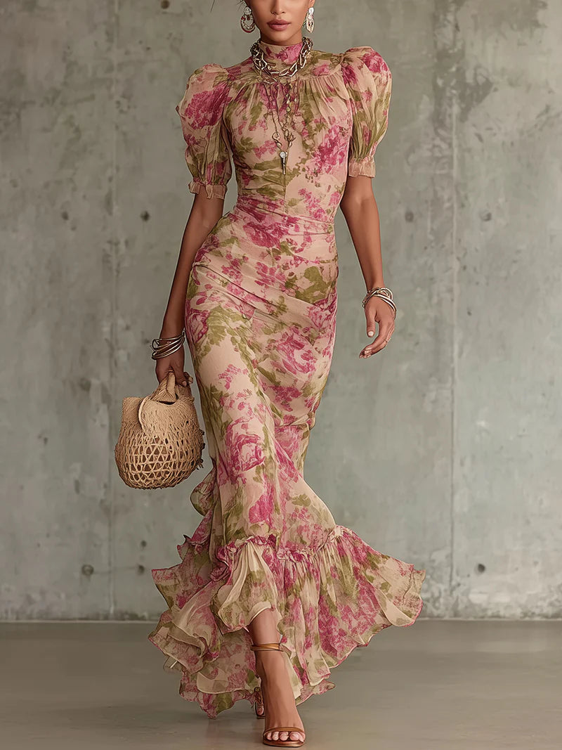 Fiora | Long dress with vintage rose print and puff sleeves