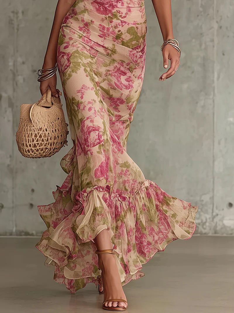 Fiora | Long dress with vintage rose print and puff sleeves