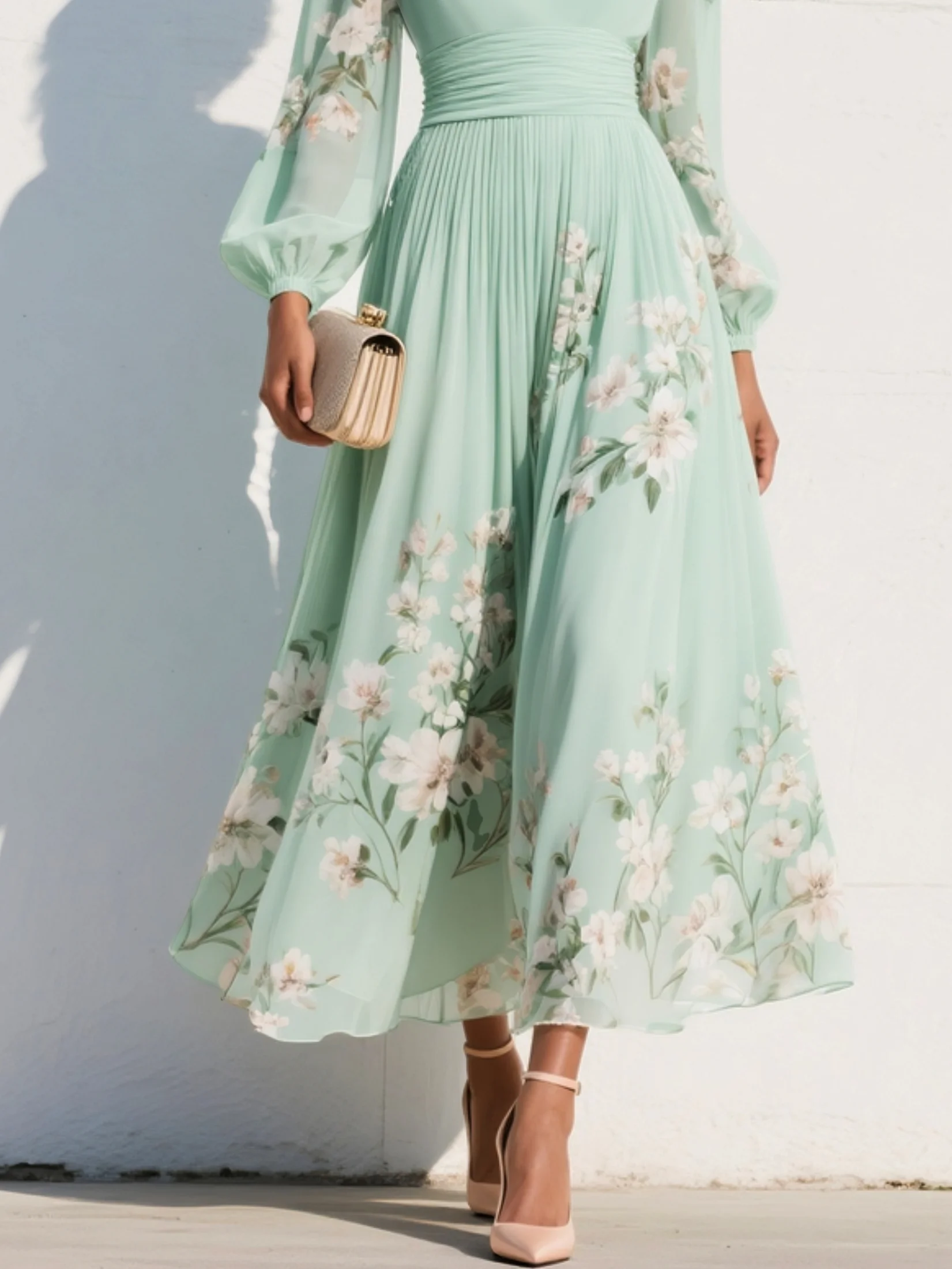 Emma | Mint Green Floral Pleated Maxi Dress