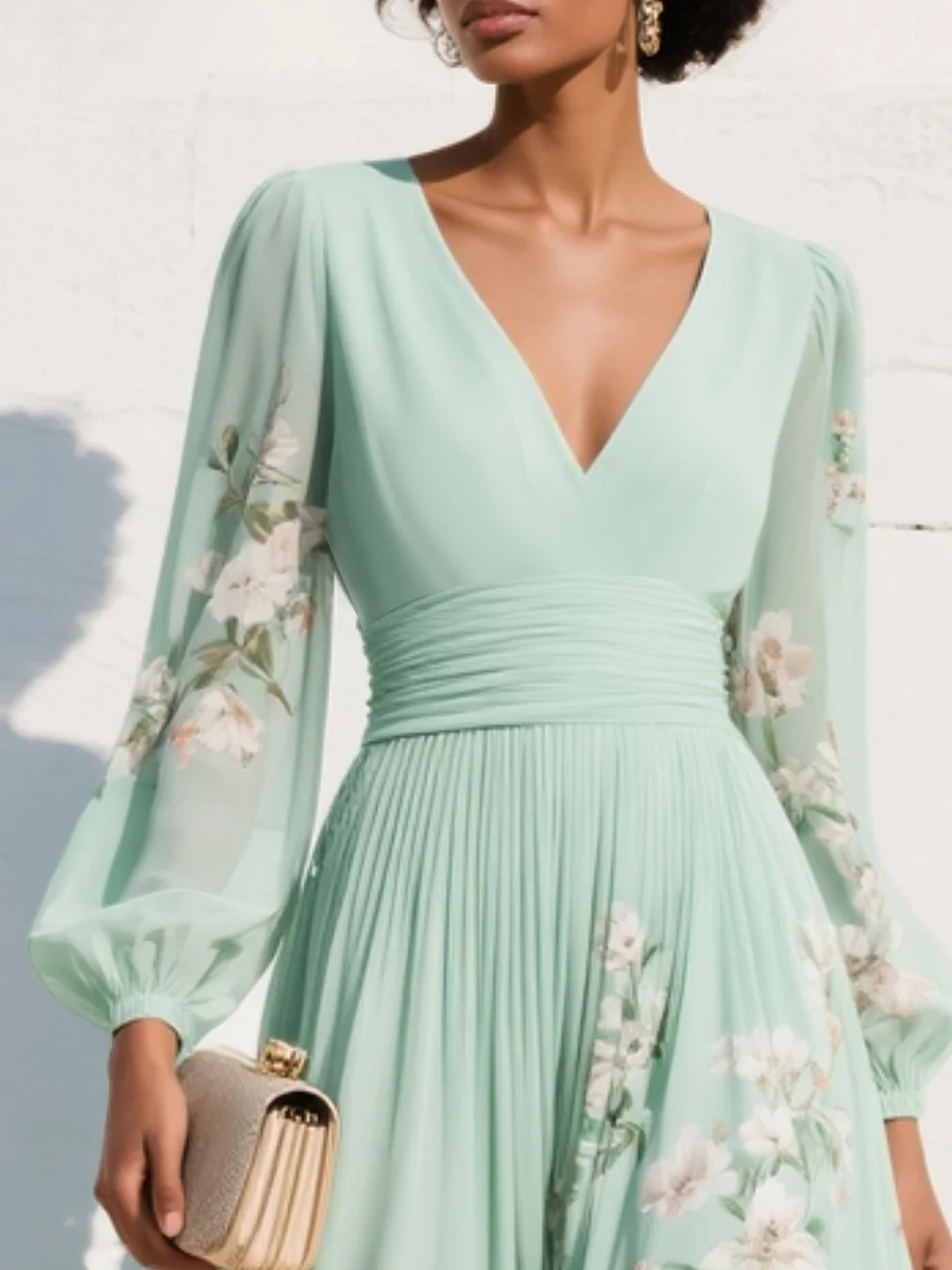 Emma | Mint Green Floral Pleated Maxi Dress