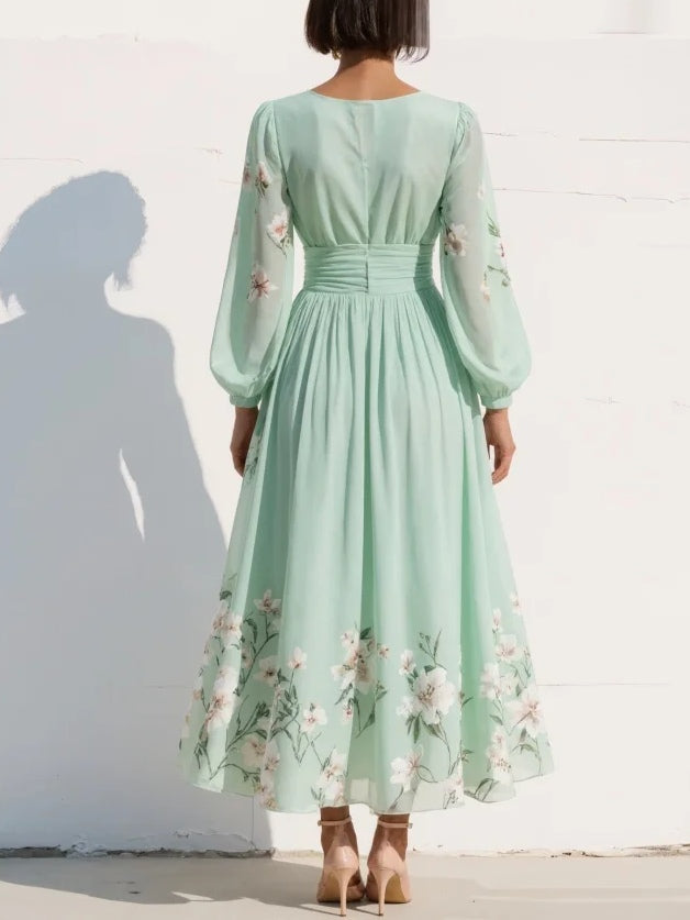 Emma | Mint Green Floral Pleated Maxi Dress