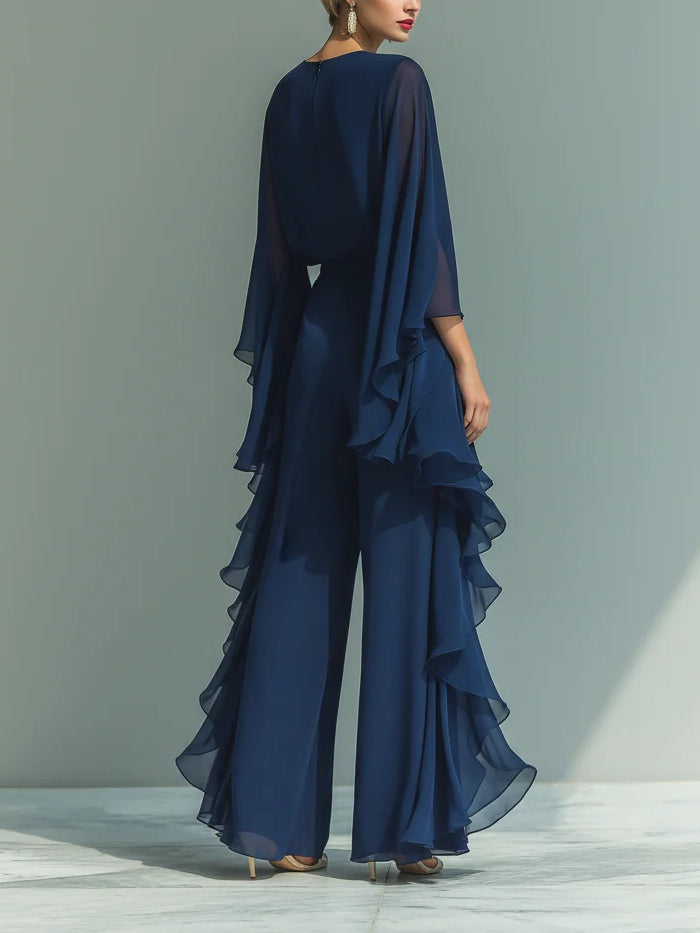 Nina | Chiffon Bell-Sleeve Top and Ruffled Pants Set