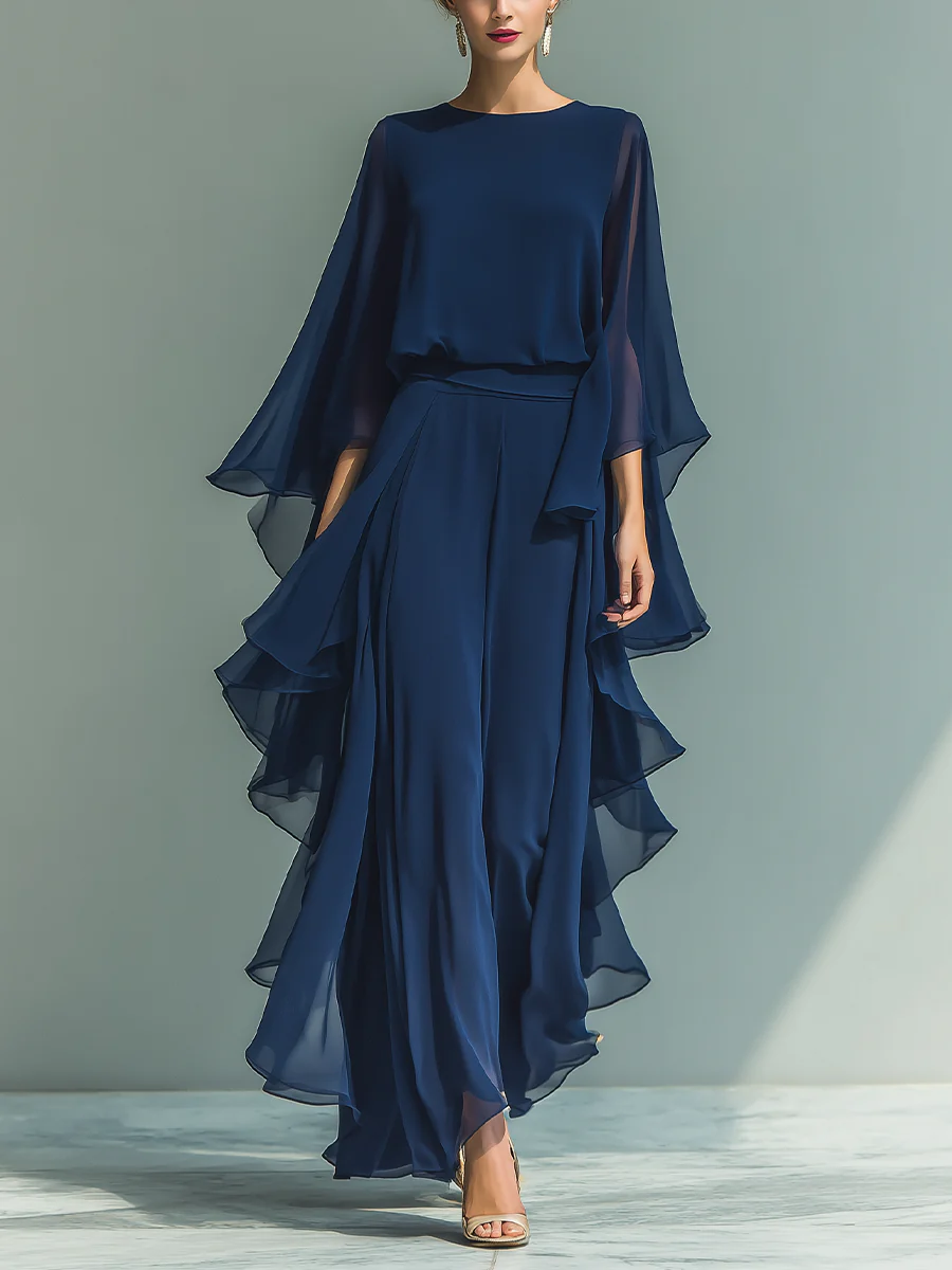 Nina | Chiffon Bell-Sleeve Top and Ruffled Pants Set