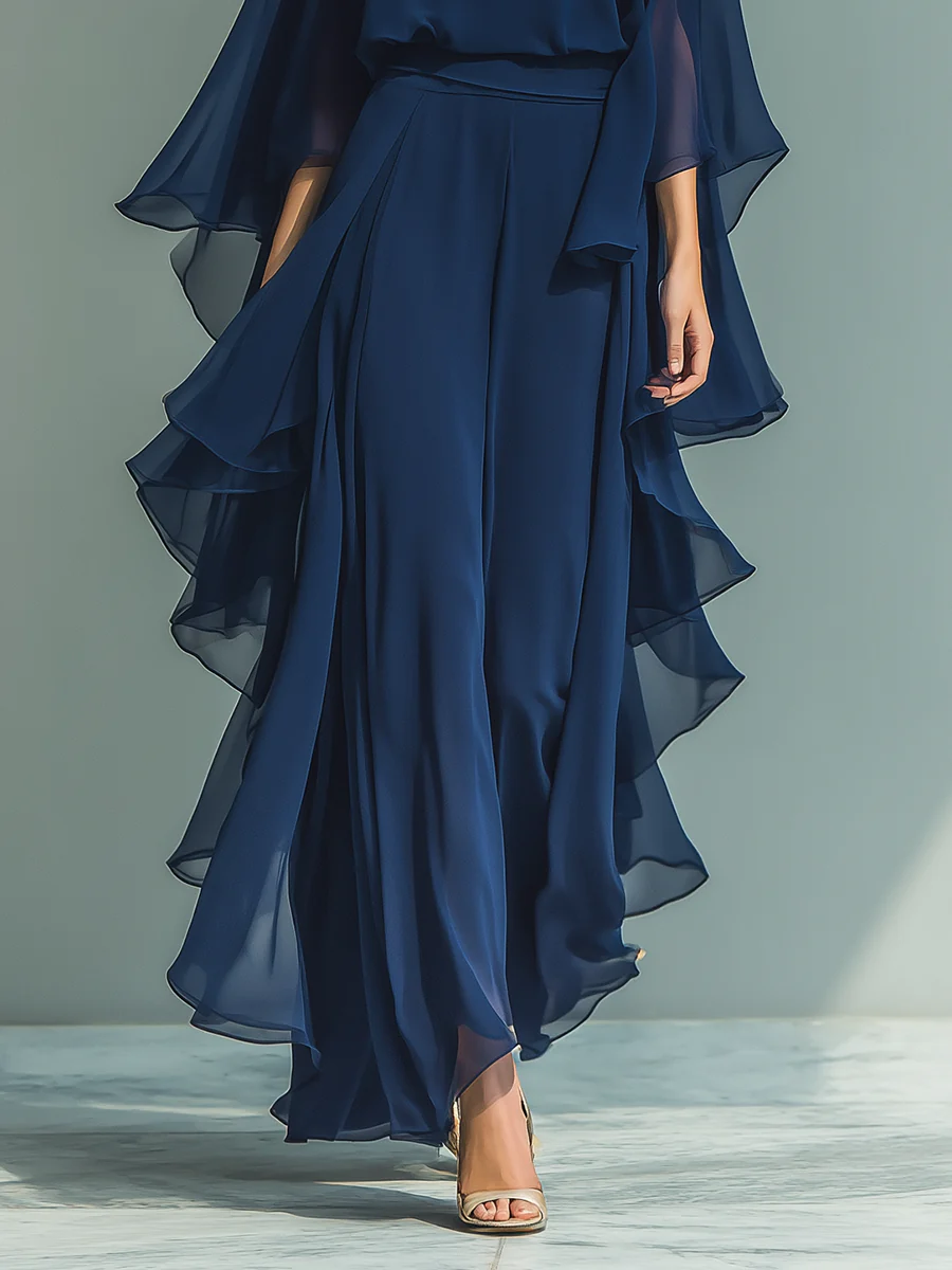 Nina | Chiffon Bell-Sleeve Top and Ruffled Pants Set