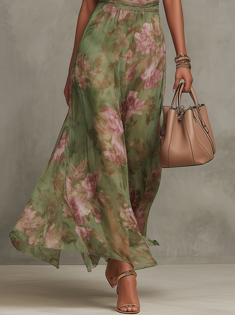 Ruth | Green Floral Halter Chiffon Maxi Dress