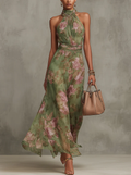 Ruth | Green Floral Halter Chiffon Maxi Dress