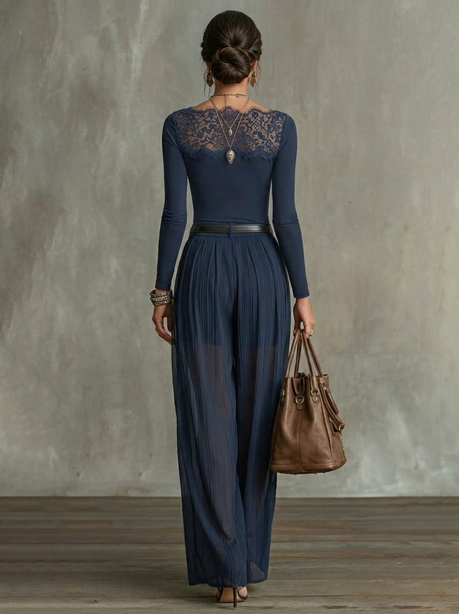 Serena | Lace-Panel Top & Sheer Wide-Leg Pants Set