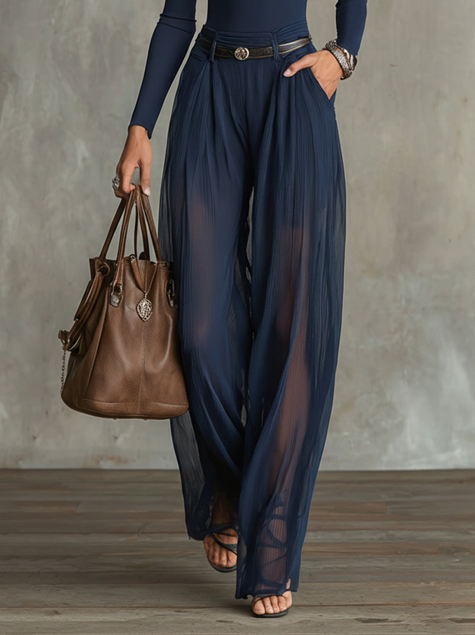 Serena | Lace-Panel Top & Sheer Wide-Leg Pants Set