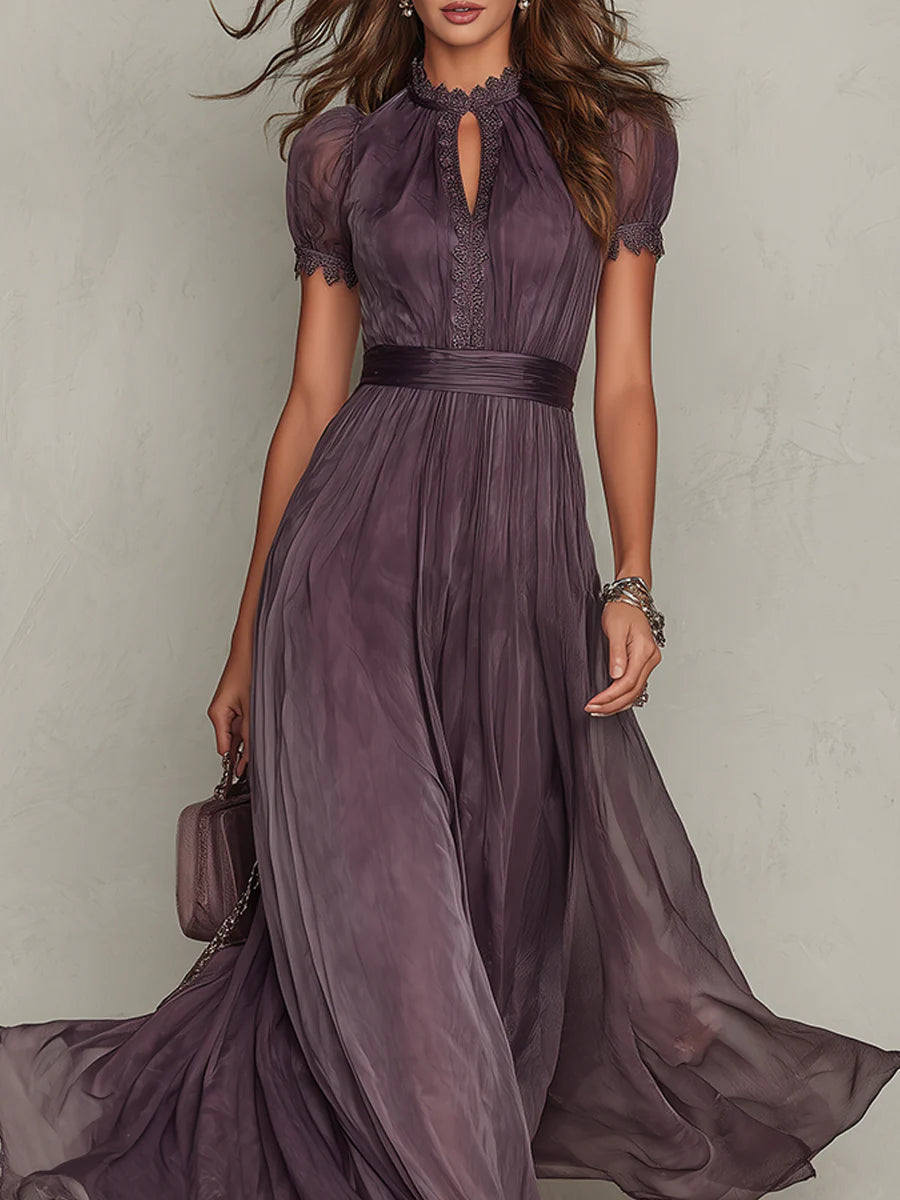 Flavia | Long Purple Dress with Keyhole Neckline and Chiffon Lace Trim