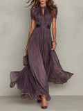 Flavia | Long Purple Dress with Keyhole Neckline and Chiffon Lace Trim