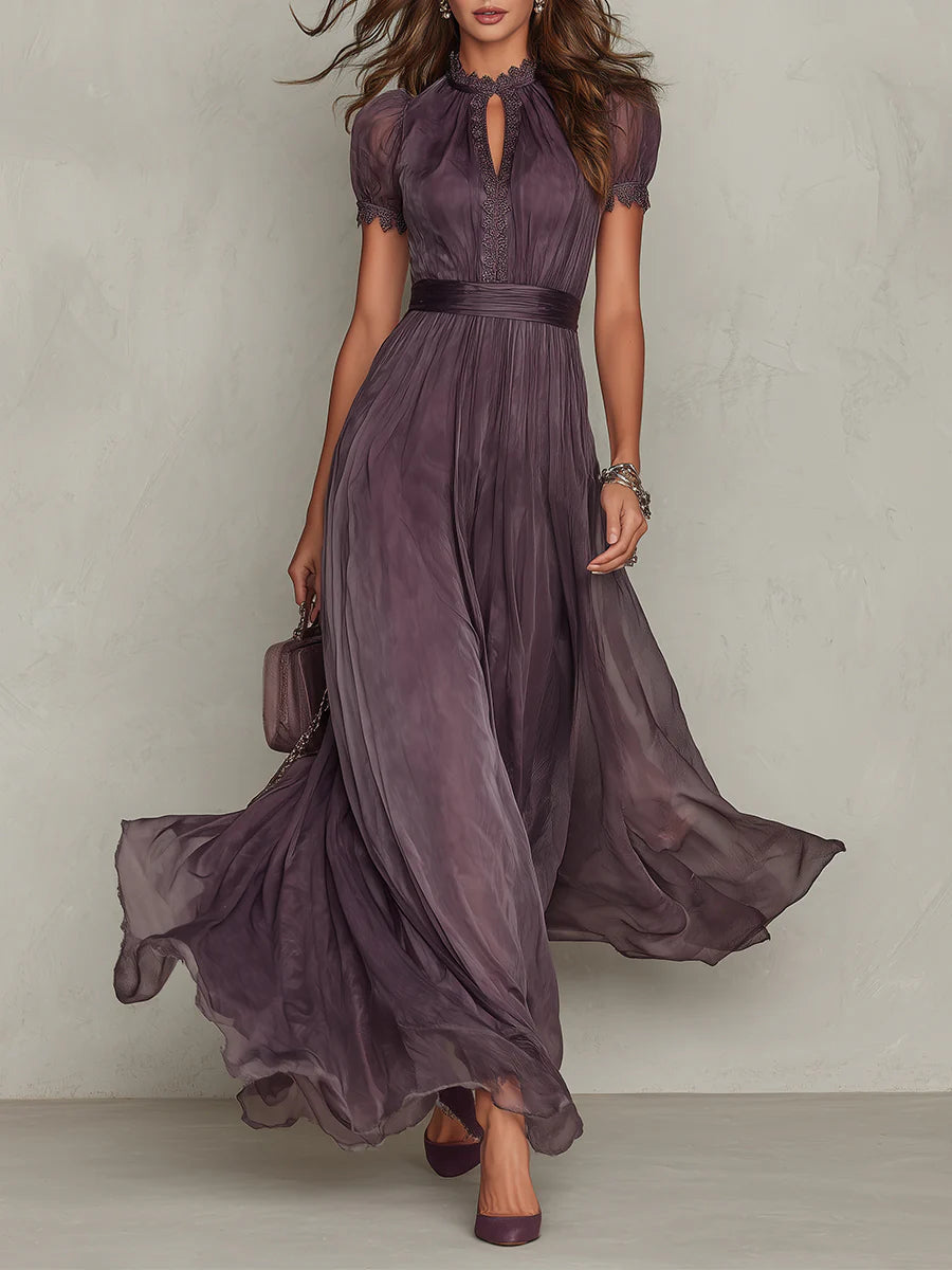 Flavia | Long Purple Dress with Keyhole Neckline and Chiffon Lace Trim