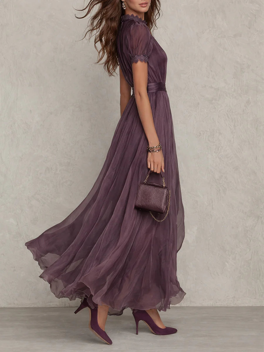 Flavia | Long Purple Dress with Keyhole Neckline and Chiffon Lace Trim