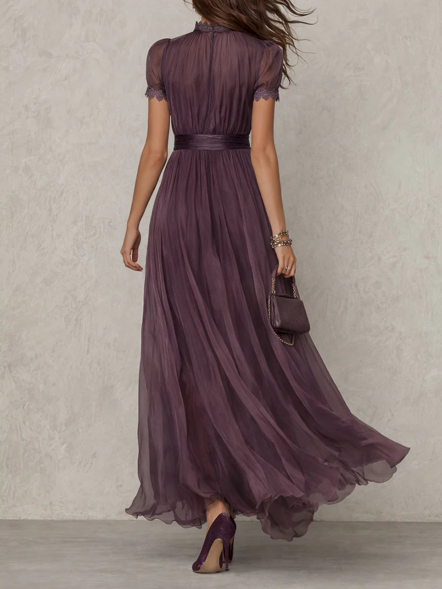 Flavia | Long Purple Dress with Keyhole Neckline and Chiffon Lace Trim