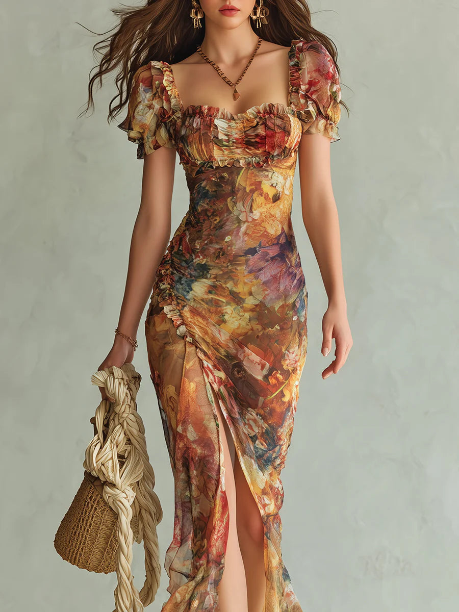 Viola | Long orange chiffon dress with bohemian oil painting print
