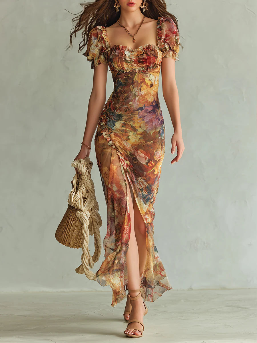 Viola | Long orange chiffon dress with bohemian oil painting print