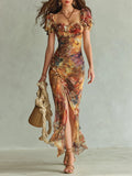 Viola | Long orange chiffon dress with bohemian oil painting print