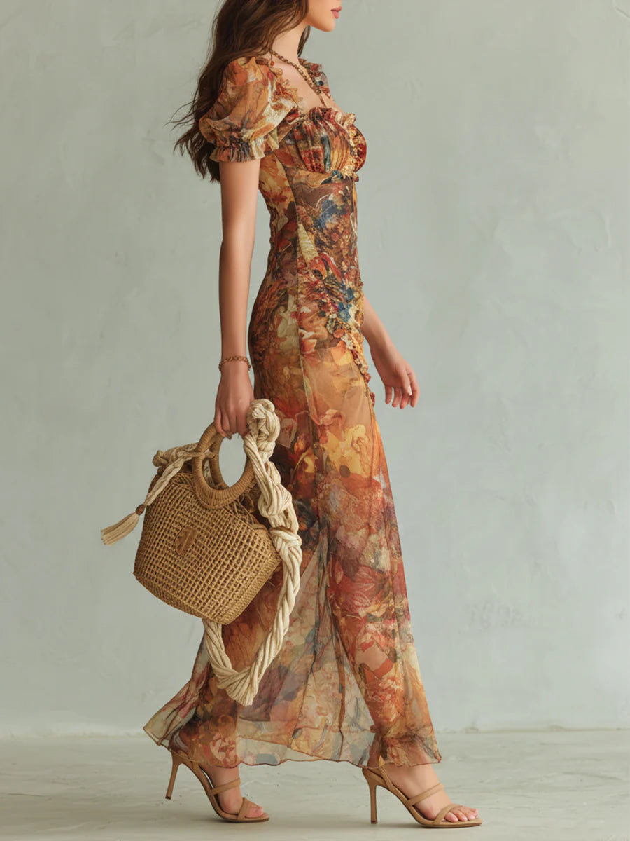Viola | Long orange chiffon dress with bohemian oil painting print