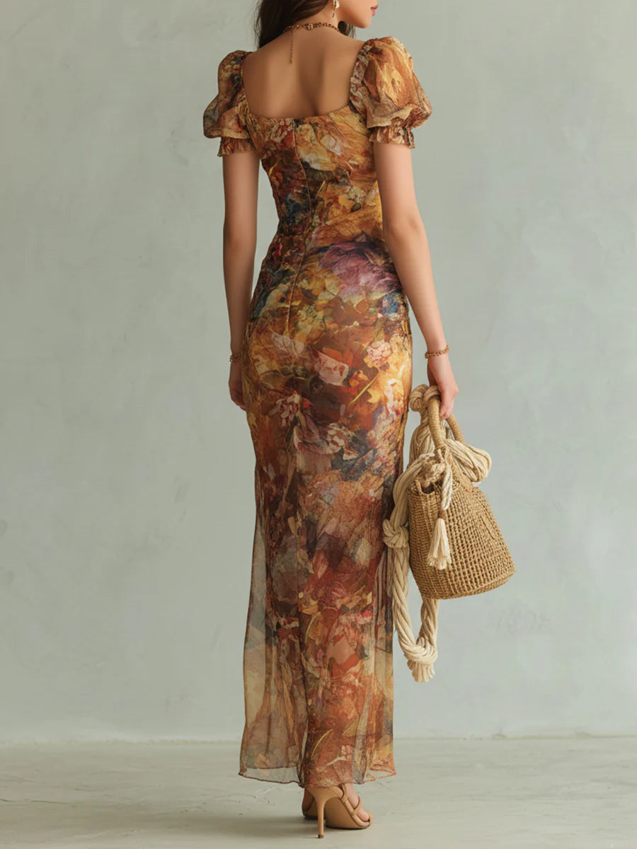 Viola | Long orange chiffon dress with bohemian oil painting print