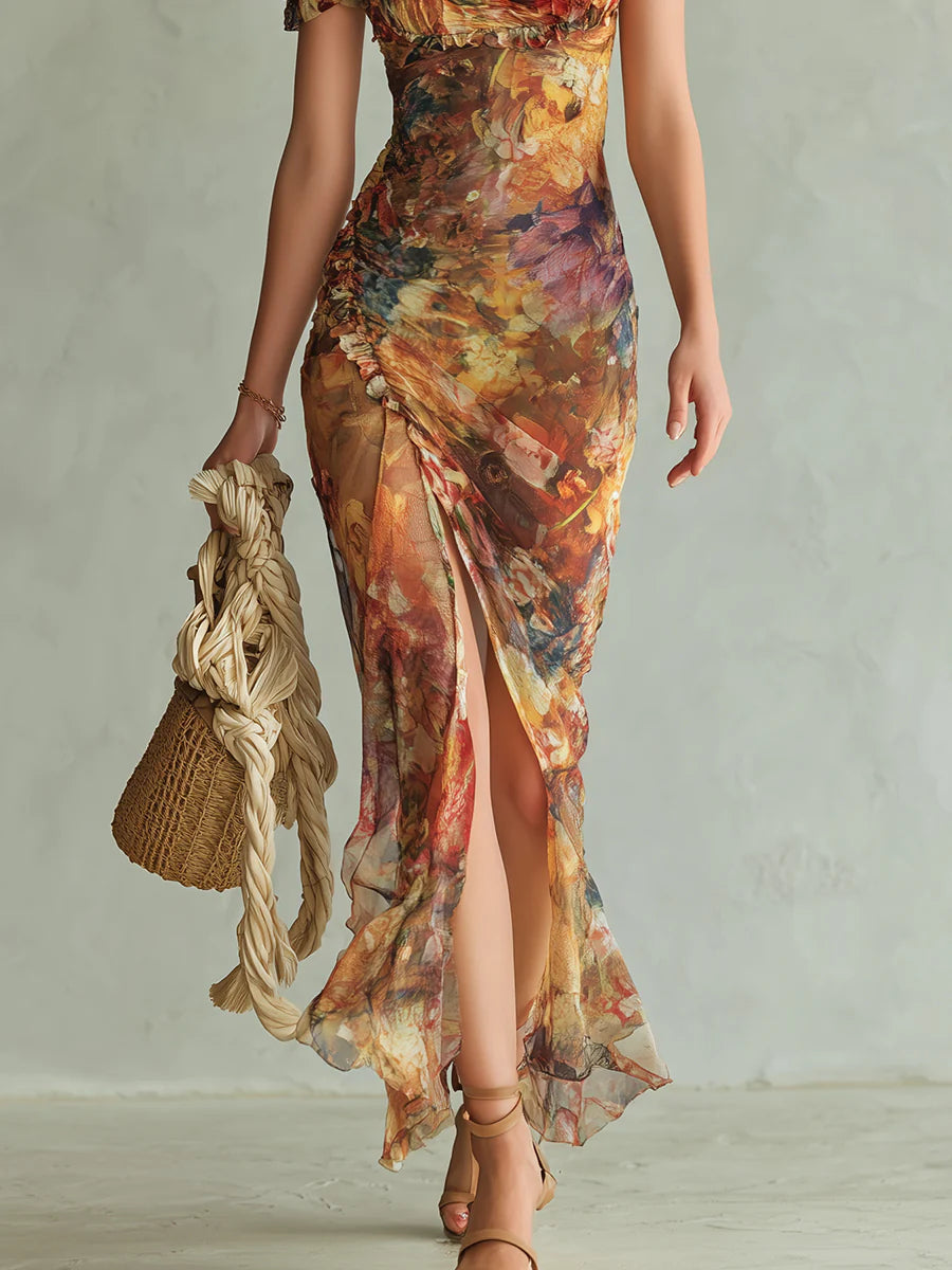Viola | Long orange chiffon dress with bohemian oil painting print