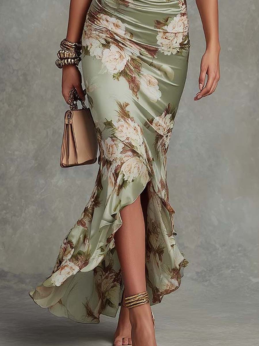 Anna | Green Satin Asymmetrical Floral Dress