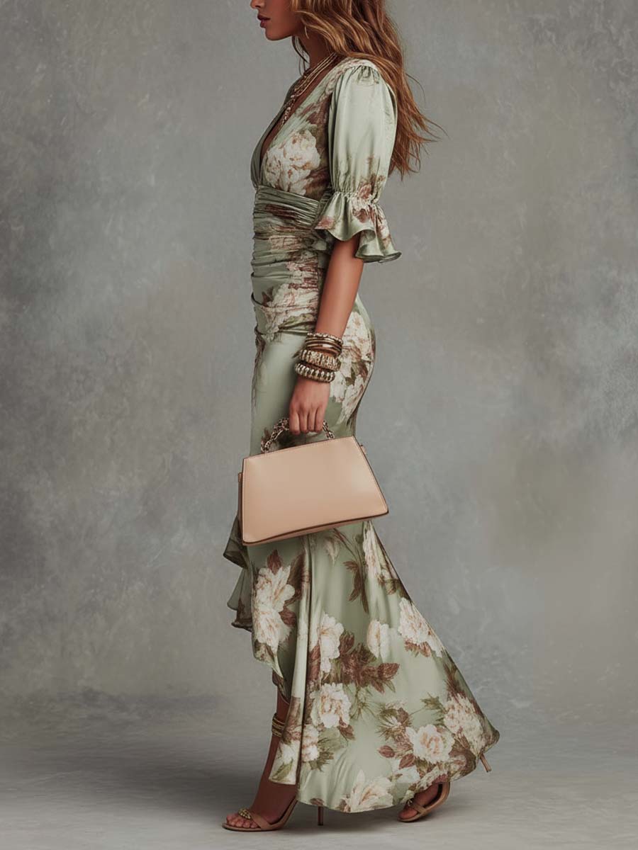 Alexandria | Asymmetrical Long Green Satin Dress
