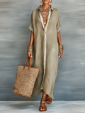 Whitney | Women's Minimalist Linen Blend Short-sleeved Shirt Maxi Dress