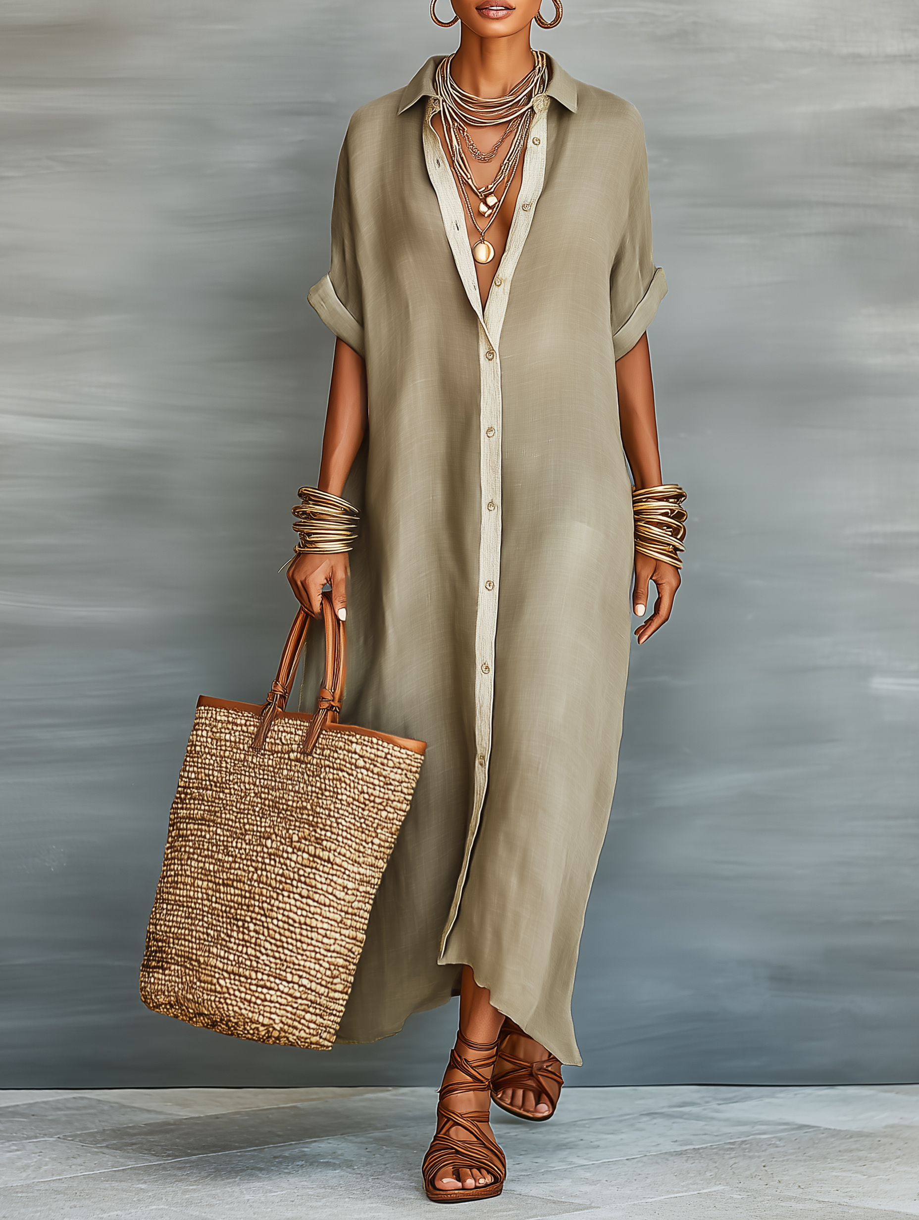 Whitney | Women's Minimalist Linen Blend Short-sleeved Shirt Maxi Dress