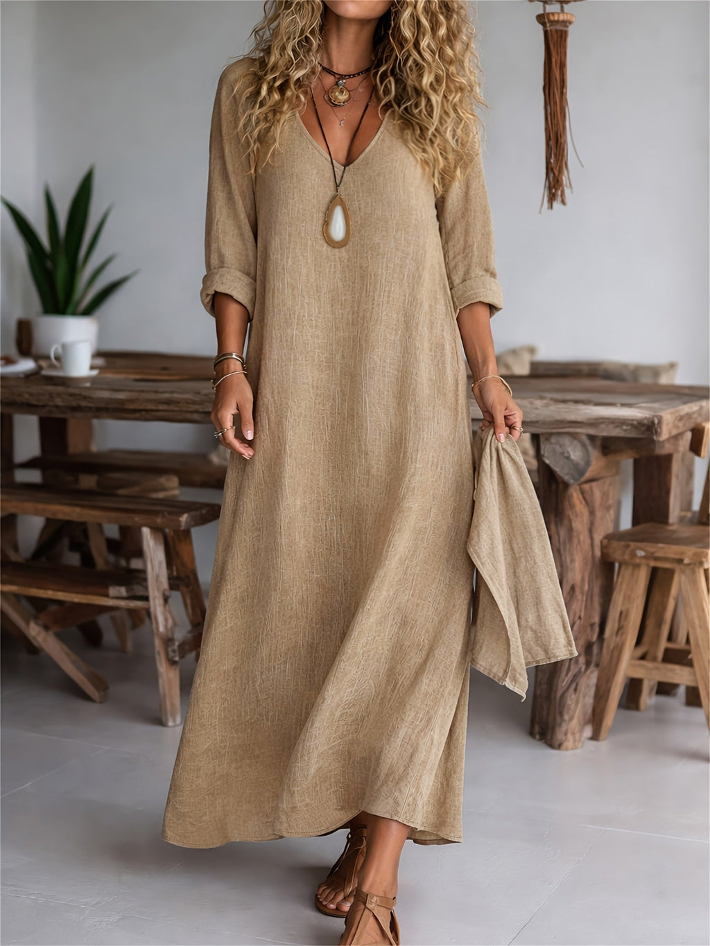 Clarisse | Women's V-neck Long Sleeve Solid Color Casual Loose Dress