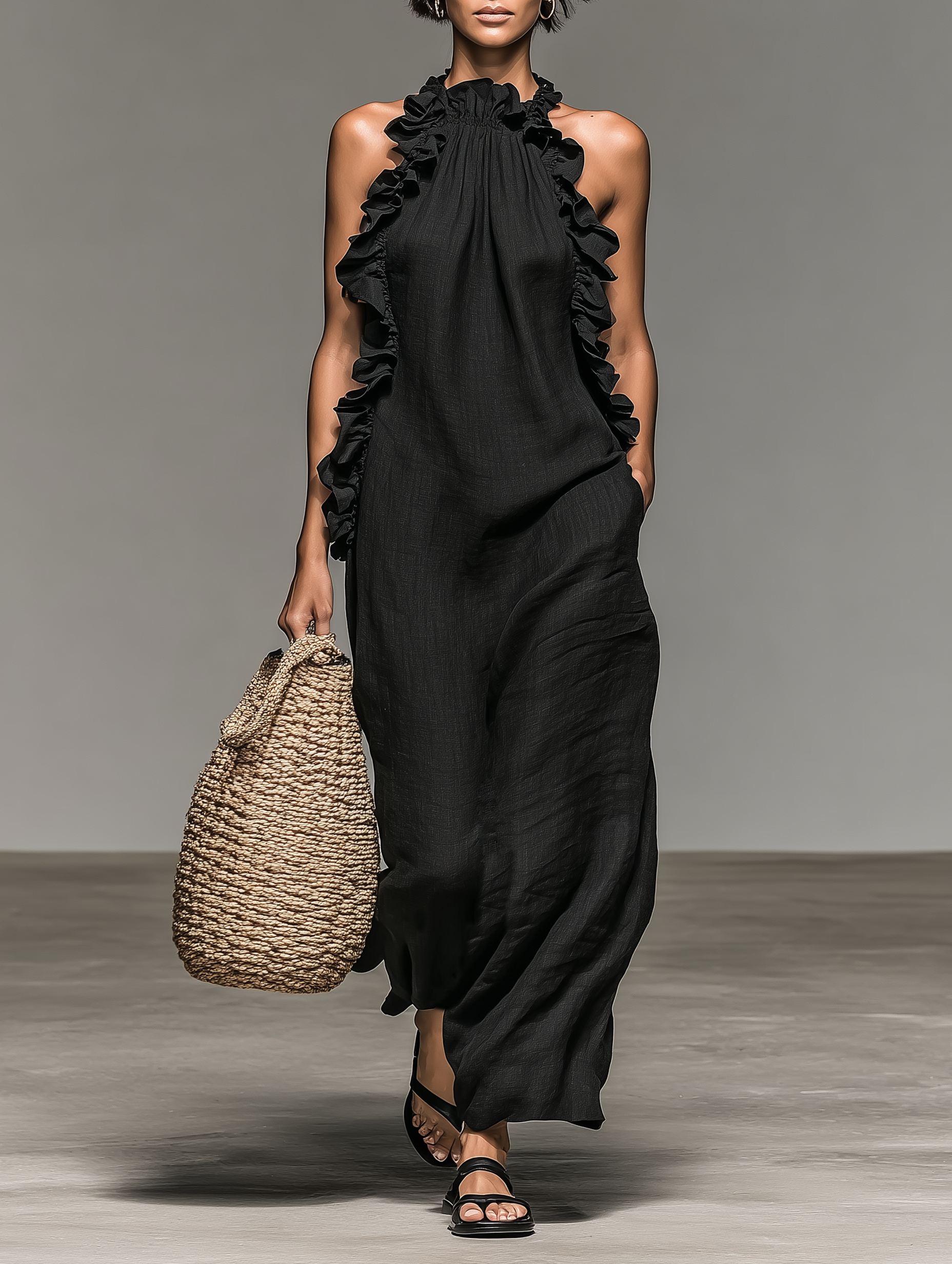 Tamara | Minimalist Linen-blend Sleeveless Maxi Dress With Ruffle Details