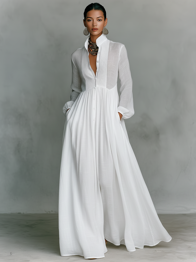 Sienna | Patchwork Linen Maxi Dress Stand Collar