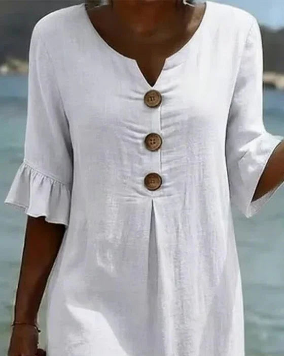 Victoria | Linen-Texture Puff Sleeve Button Dress