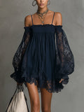 Priscilla | Short chiffon dress with off-the-shoulder neckline, lace trim, and sheer sleeves