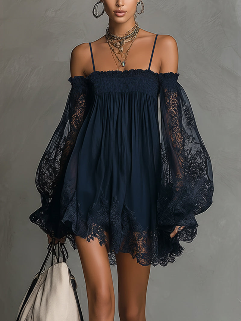 Priscilla | Short chiffon dress with off-the-shoulder neckline, lace trim, and sheer sleeves
