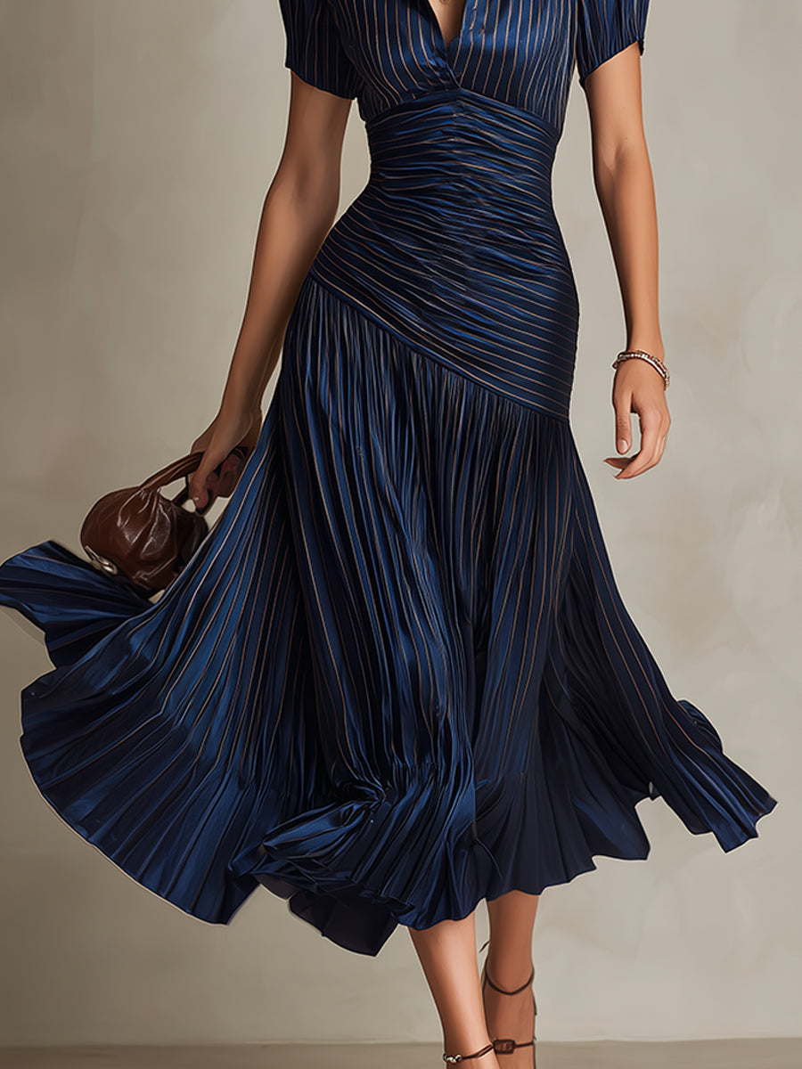 Adriana | Retro Striped Satin Midi Dress