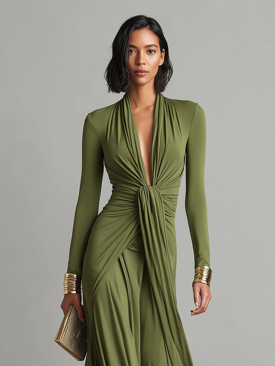 Olive | Silk Maxi Dress V-Neck