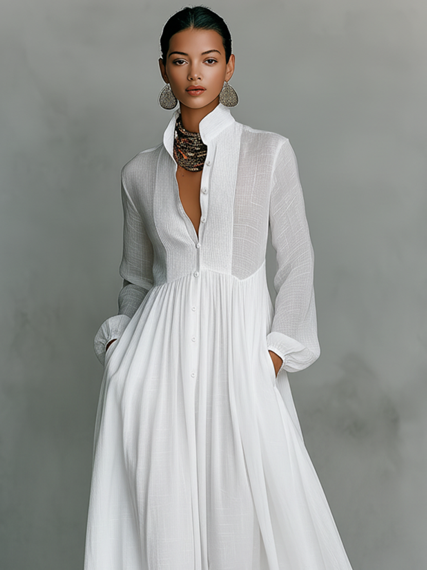 Sienna | Patchwork Linen Maxi Dress Stand Collar