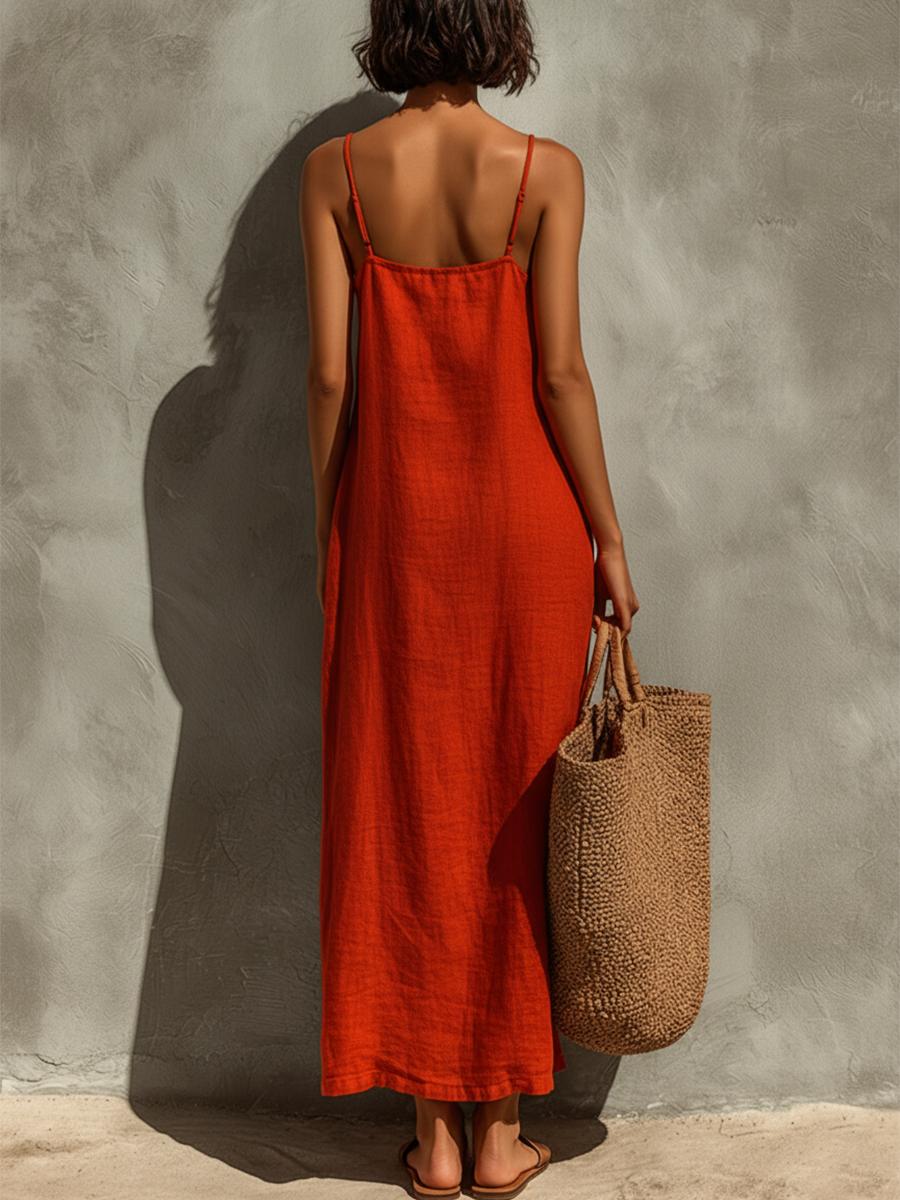 Nathalia | Red Cotton Dress With Spaghetti Straps & Square Neck Timeless Boho-Resort Style Dress